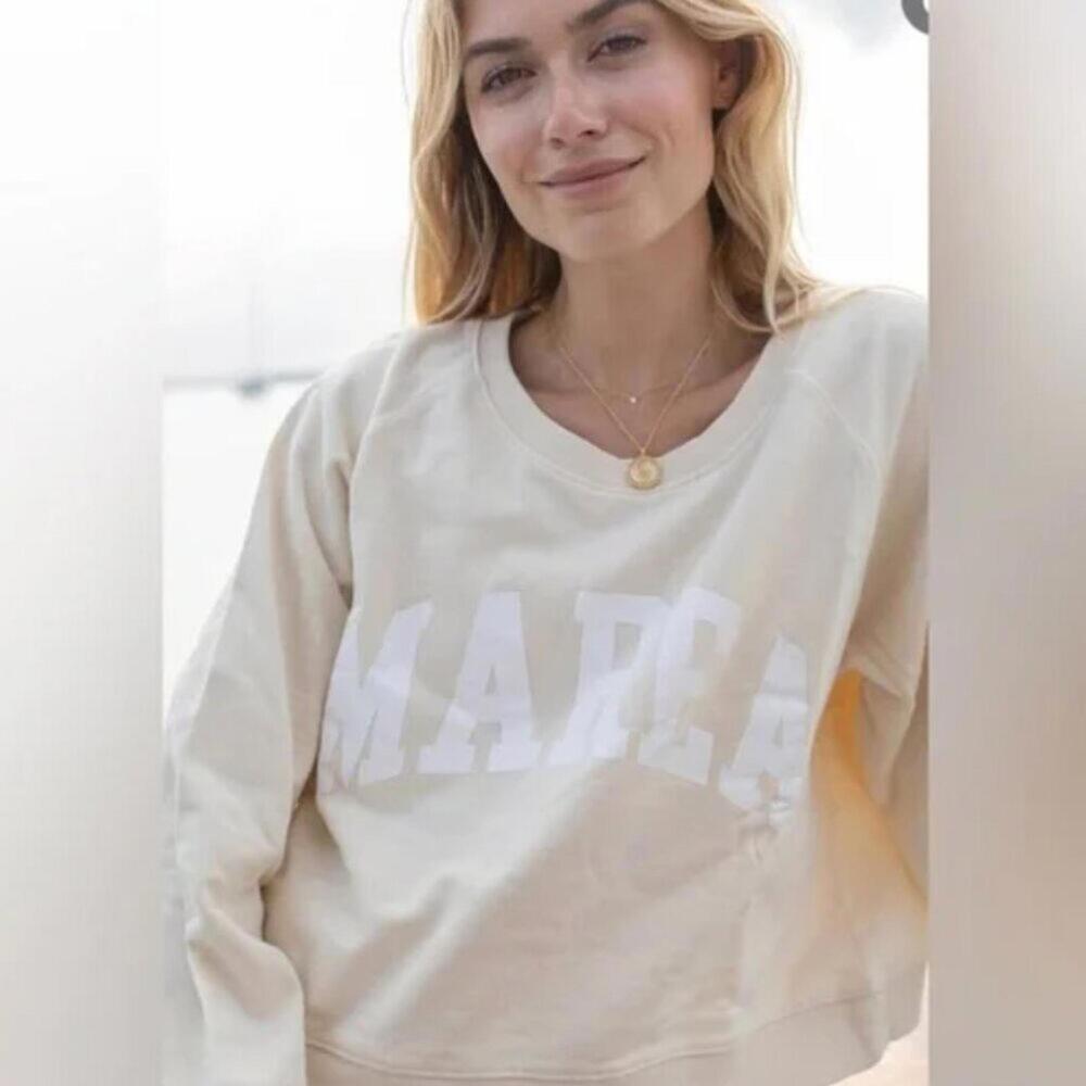 MAREA by Liz Joy Cream Graphic Cropped Pullover Sweater Large